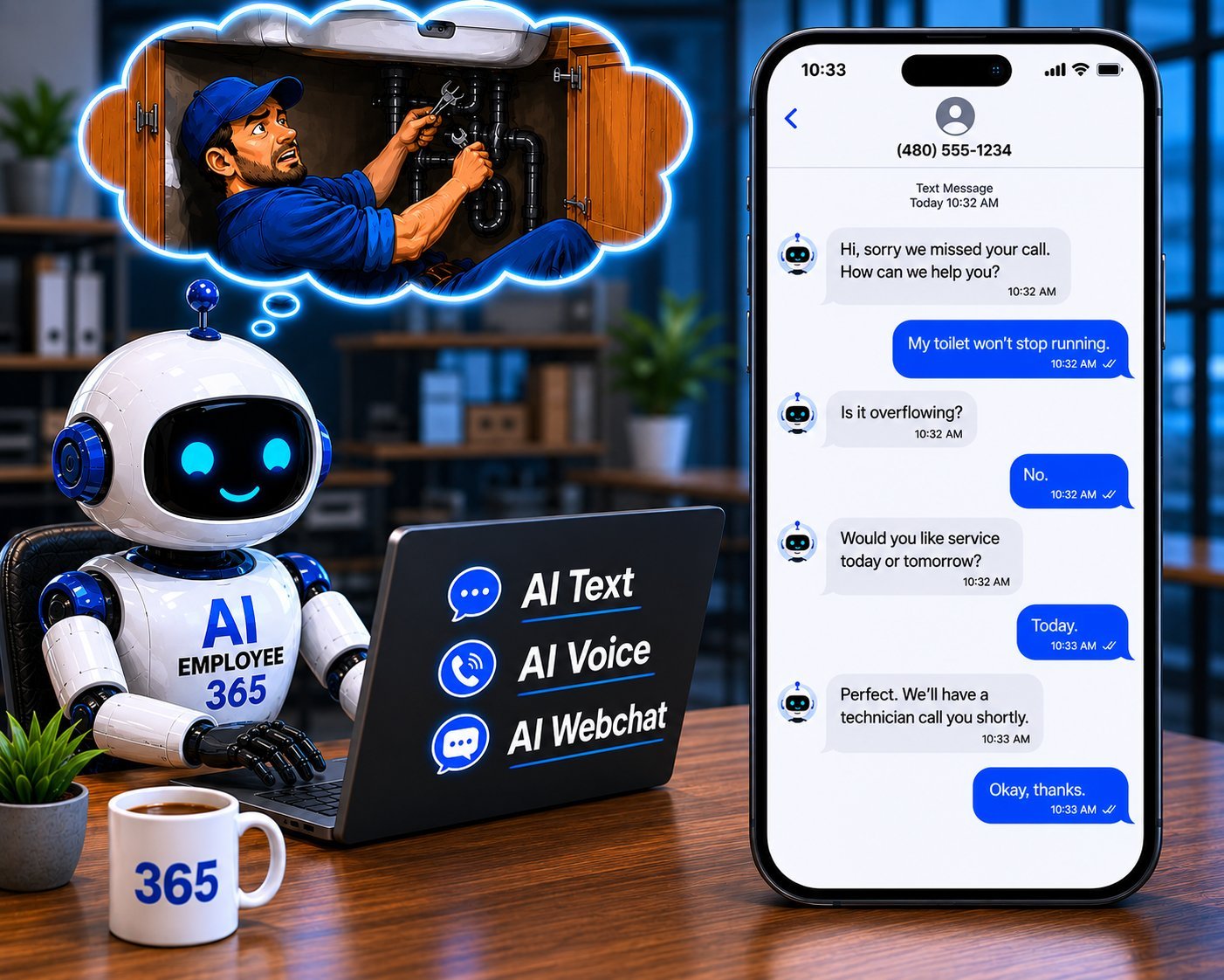 AI Employee 365 texting a customer back with AI Text, AI Voice, and AI Webchat